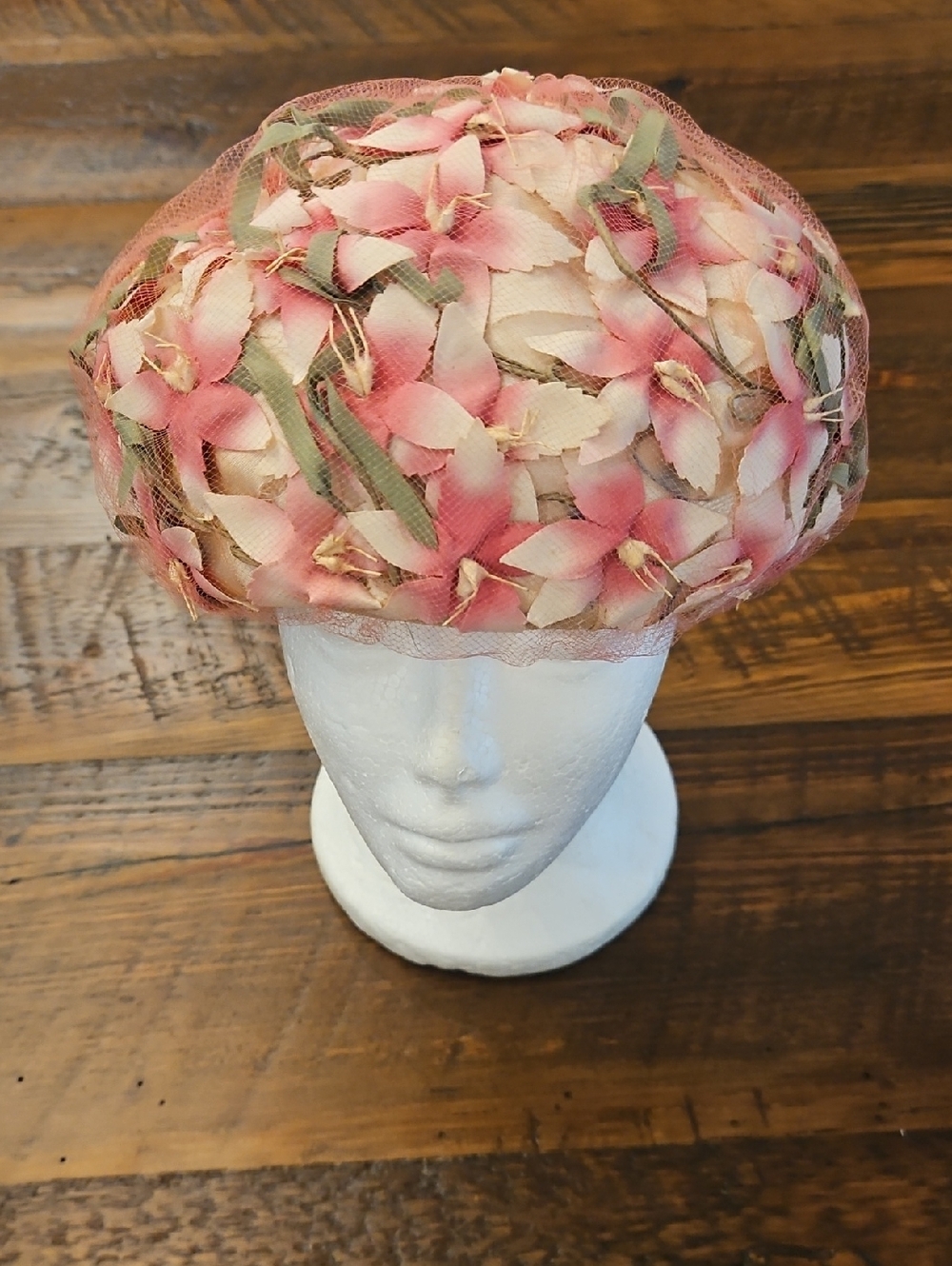 Vintage 50s 60s Lazarus Paris  Floral Pillbox Hat - Pink Flower Design